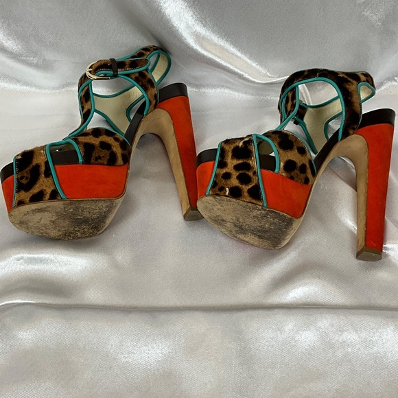 Brian Atwood Leopard Pony Hair Platform Heels Turquoise Trim Size 40 - Picture 10 of 15